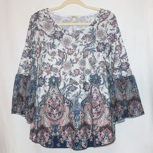 Style & Co Blue Burgundy Boho Long Sleeve Top